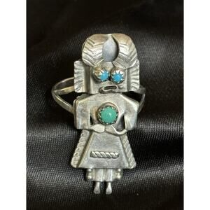 Antique Kachina Ring Turquoise Sterling Silver Southwest Tribal Navajo Size 7.5